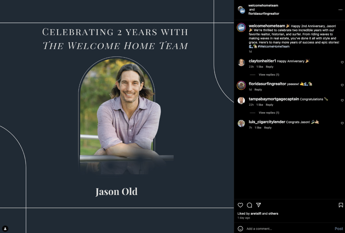 Screenshot of and Instagram post featuring a smiling Jason Old from Home Team Realty. The text reads, "Celebrating 2 years with The Welcome Home Team. Jason Old."